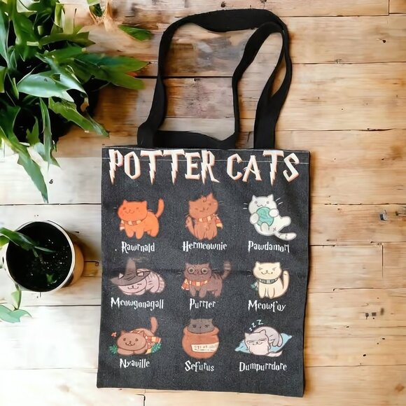 Potter Cats Black Cloth Tote Bag 15.5 x 13 Harry Ron Hermione Magic Hogwarts NEW - Picture 6 of 6